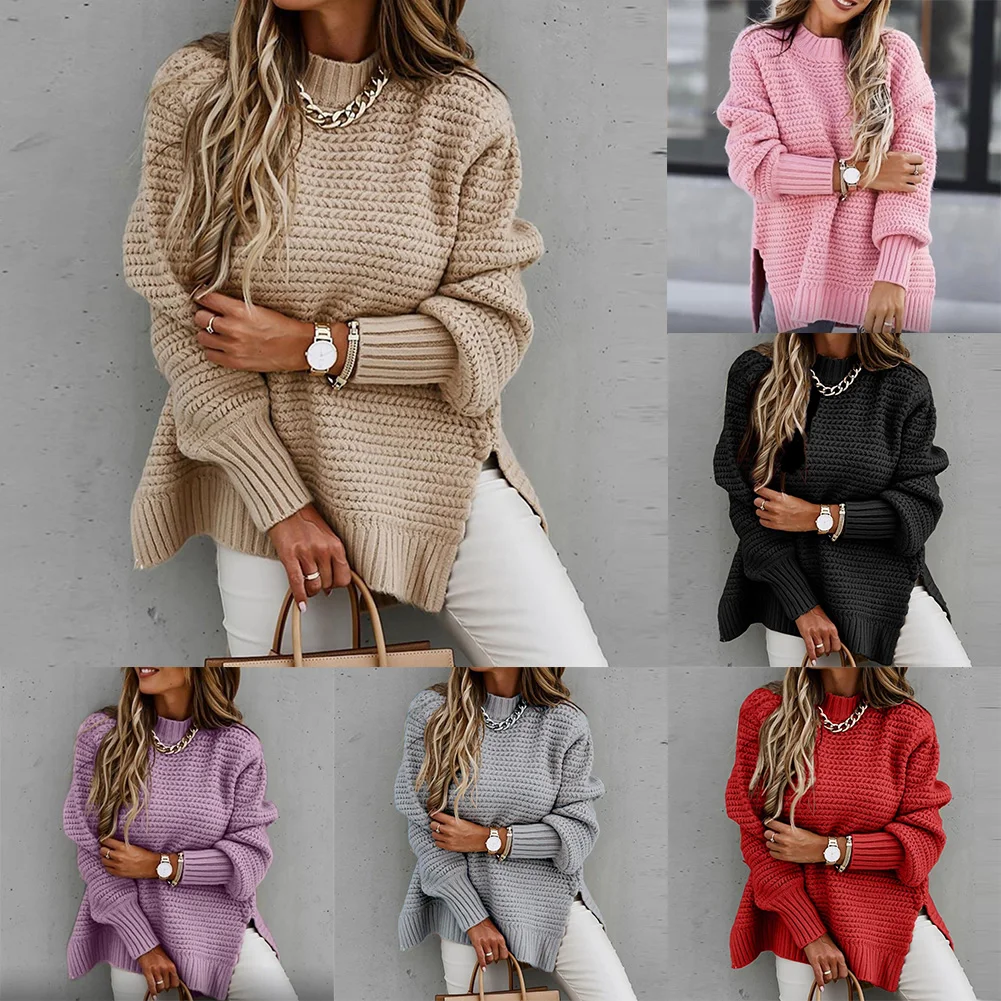 المرأة محبوك الملمس الصلبة عارضة سترة نصف الرقبة العالية طويلة الأكمام السترة