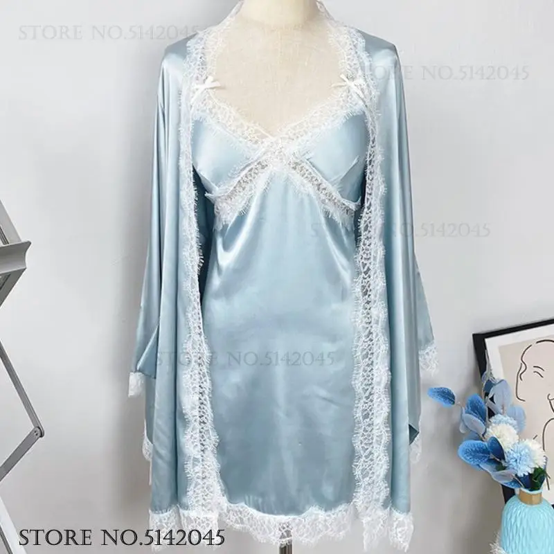 Female Twinset Robe Set Nightgown Sexy Lace Kimono Bathrobe Gown Spring Summer New Sleepwear Nightdress Rayon Lingerie Homewear - Image 2