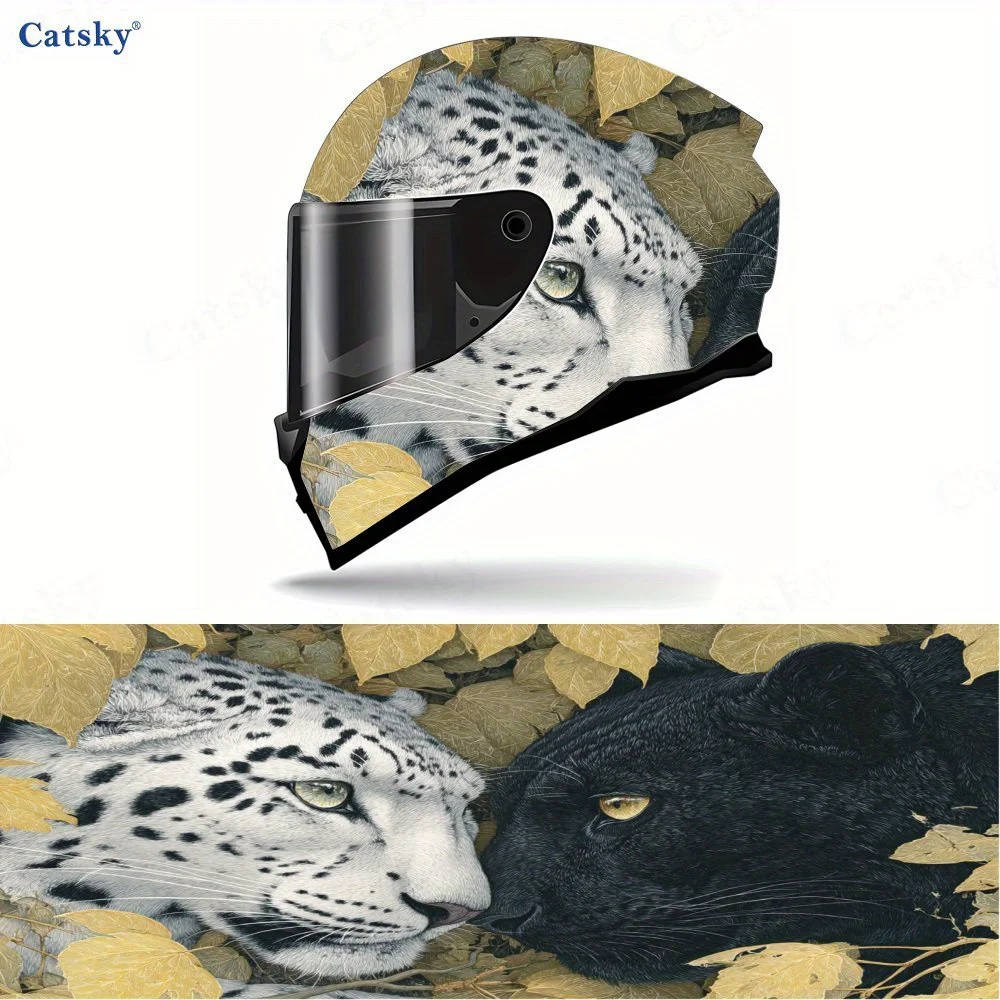 

Black And White Leopard Full Face Helmet Vinyl Wrap Sticker, Waterproof Scratch-Resistant Self-Adhesive PVC Decals, Artistic Aes