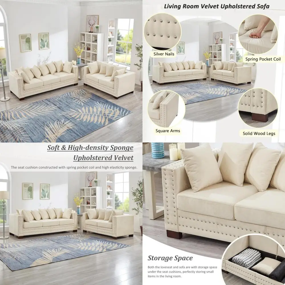 

2-piece contemporary velvet upholstered sofa set with storage, including loveseat and 2+3 seater couch