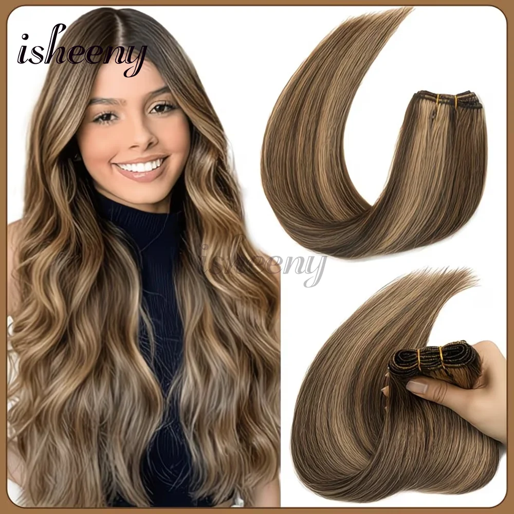 Natural Glossy Straight Human Hair Bundles Sew In Machine Weft Hair Extensions 50G Soft Smooth Real Human Hair 12-22 Inch for Daily Volume Hair Look