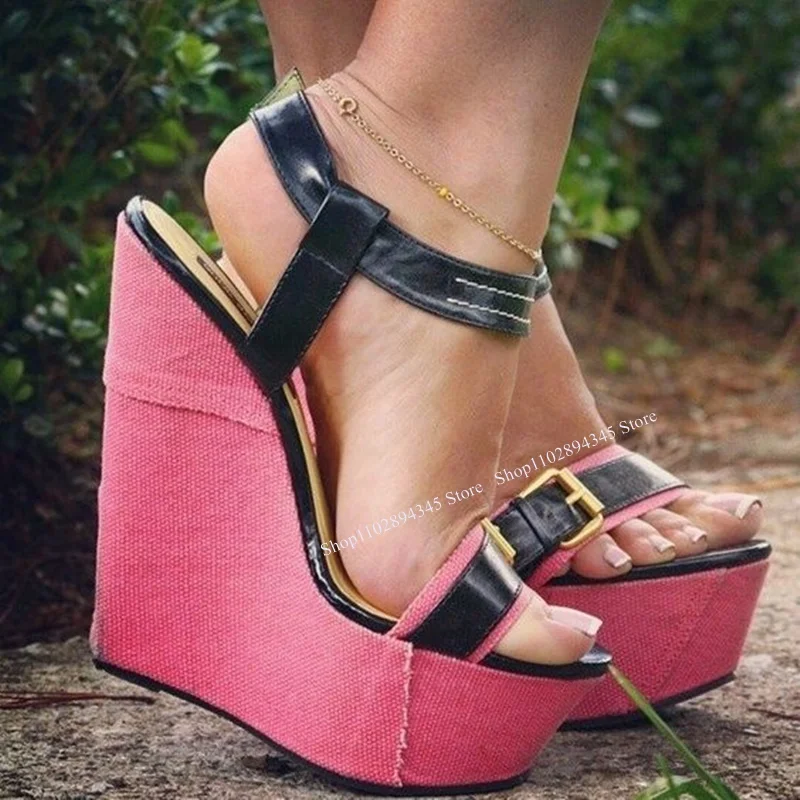 

Mixed Color Wedge Platform Buckle Sandals Peep Toe Fashion Sexy Cool 2024 Summer Casual Big Size Woman Shoes Zapatillas Mujer