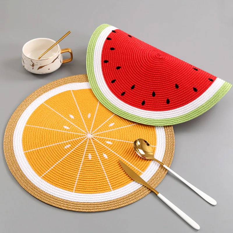 Watermelon Lemon Drink Coasters PP Woven Round Placemat Cartoon Fruit Dining Table Plate Mat Kitchen Accessories Home Decor