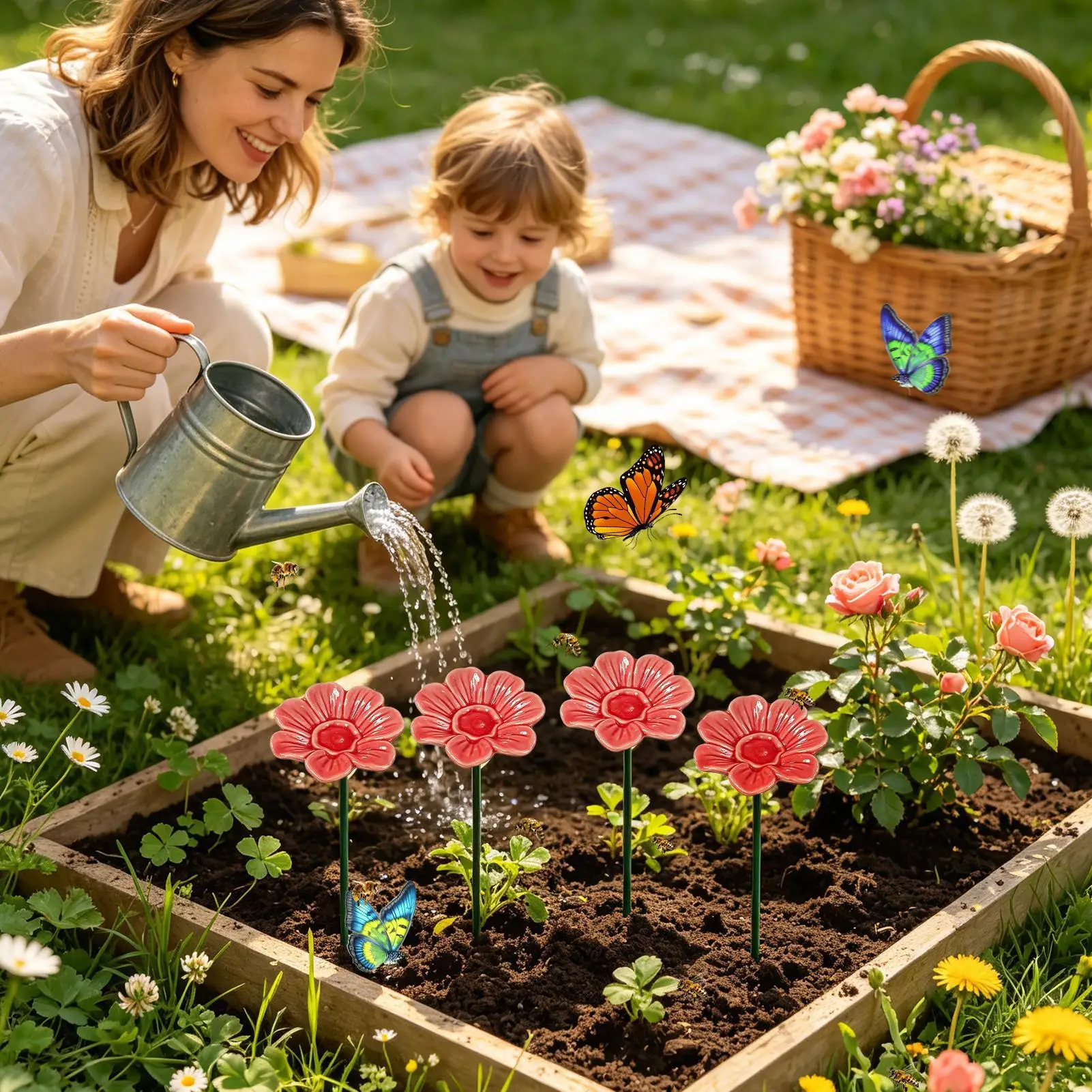 Cups For Bees 4 Pieces Ceramic Bath Bowl With Stake Flower Shape Bee Water Station For Butterfly Hummingbird Outside Indoor