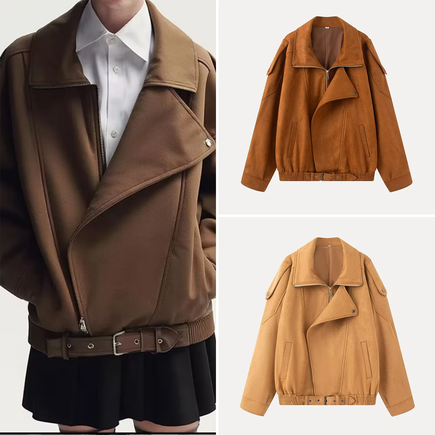 

2025 Autumn New Sle Women's Simple Loose Suede Jaet Personali Daily Wear Stand Fit Long Sve Zipper Closure Coat