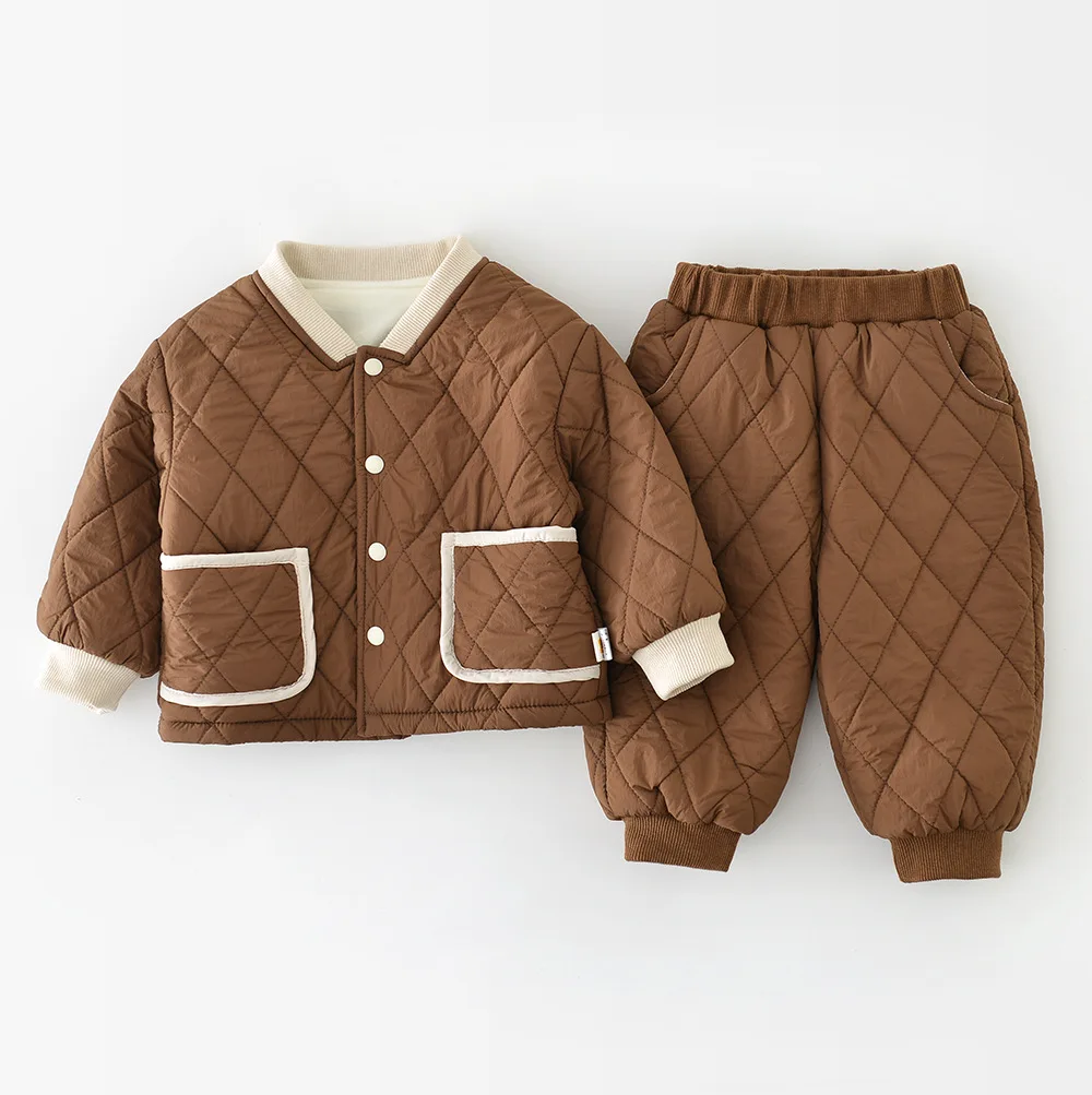 

2025 Winter Baby Clothes Set 0-3T Color Blocking Toddler Kids Padded 2PCS Fleece Lining Warm Boys Coat and Pants Girls Outfit