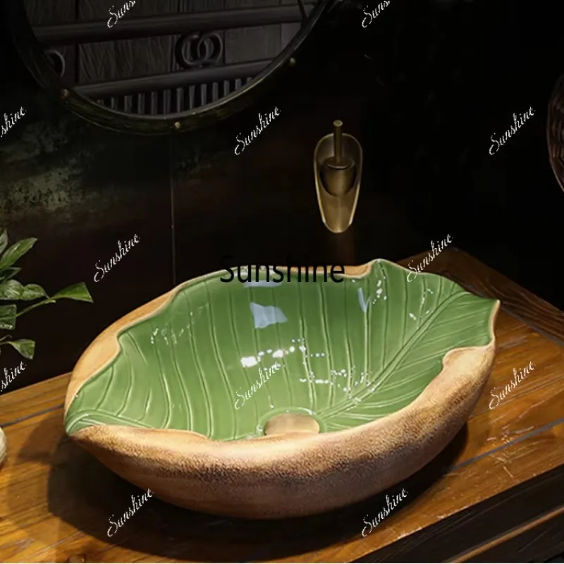 Picture 3: JIENI Art Ceramic Bathroom Sink Set Leaf Style Washbasin W/ Waterfall Antique Brass Faucet Pop Up Drain High End Porcelain Sinks
