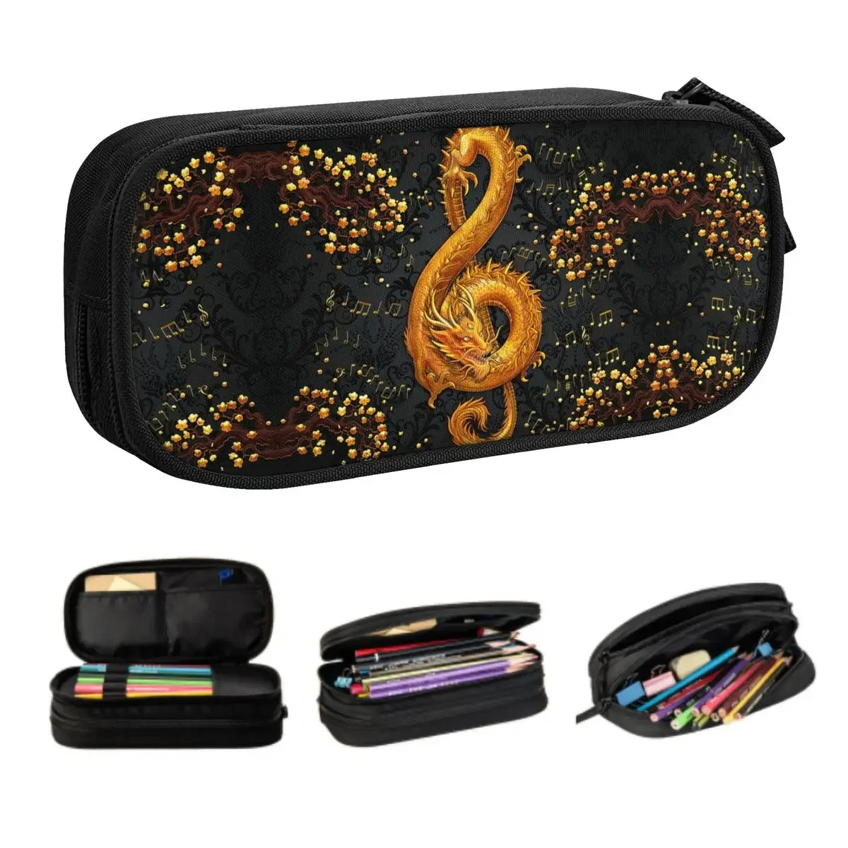 Custom Treble Clef Music Dragon Pencil Cases for Girls Boys Big Capacity Pen Bag Box Stationery