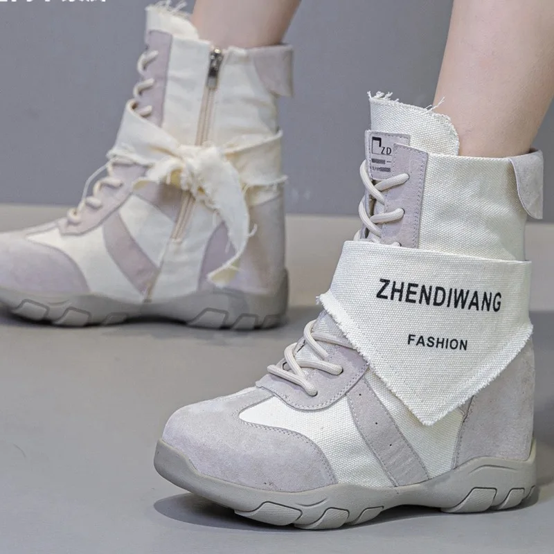 

AUTUSPIN Women Ankle Boots 12cm Hidden Heel Booties Fashion Harajuku Style Patchwork Combat Boots High Top Canvas Shoes Woman