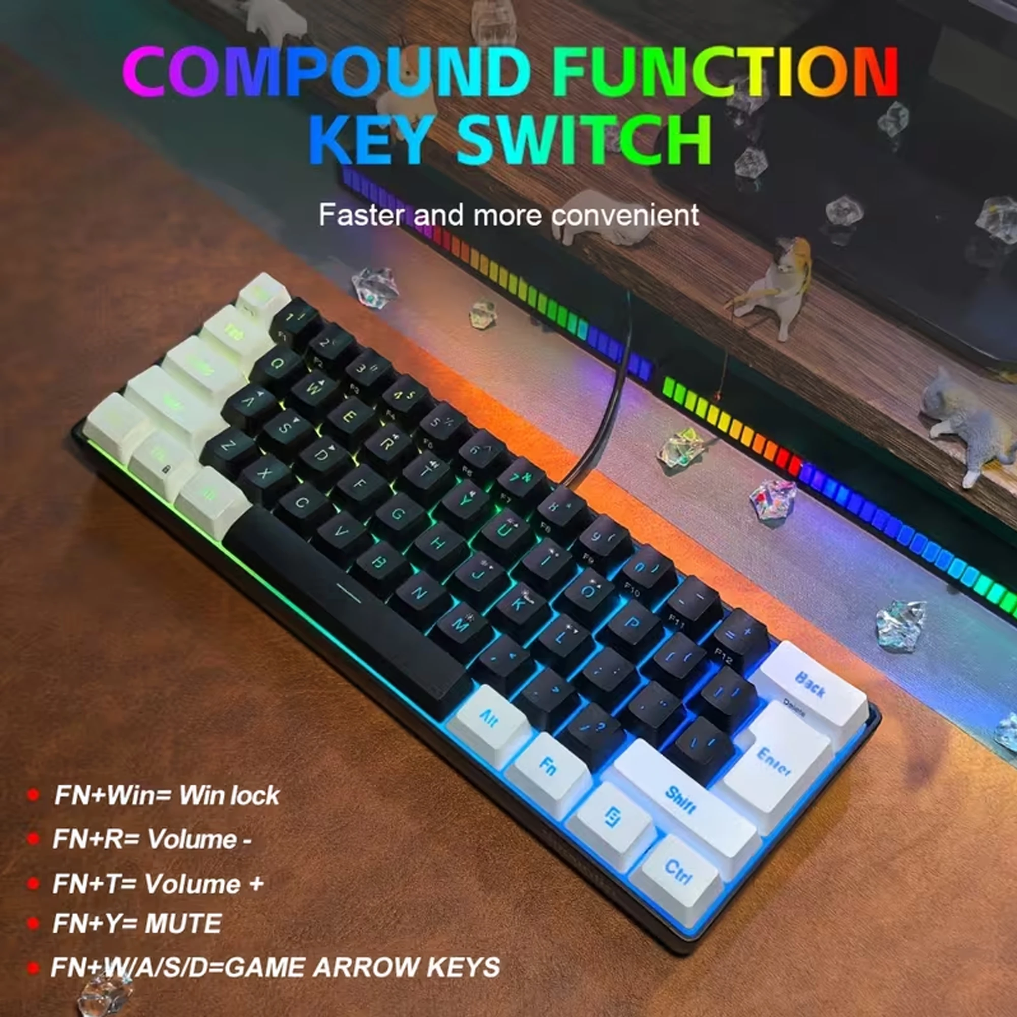 60% Gaming Keyboard Wired RGB Backlit Mini 61 Keys Membrane Keyboard Anti-Ghosting No-Conflict Ultra-Compact for Gamers