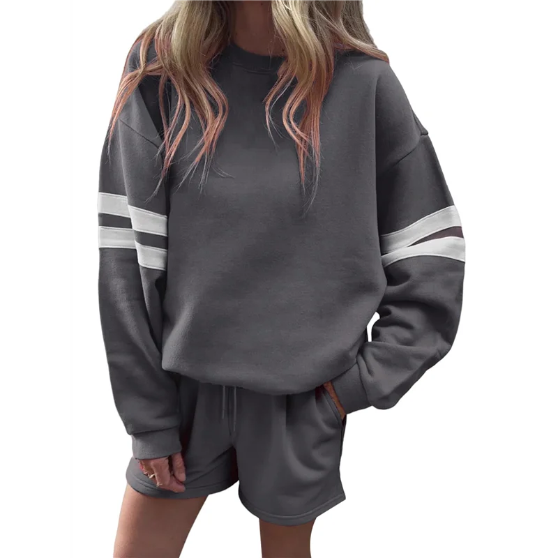 

NEW-Women 2 Piece Outfits Sweatsuit Casual Long Sleeve Pullover And Shorts Sets Travel Tracksuit