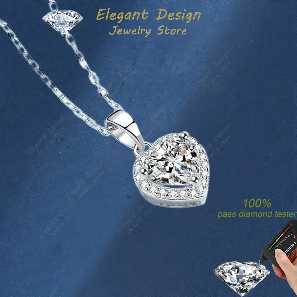 

Elegant Design Heart Pendant Moissanite 1ct Necklace for Women, Luxury PT950 Platinum Ladys Chain Certificate Fine Jewelry