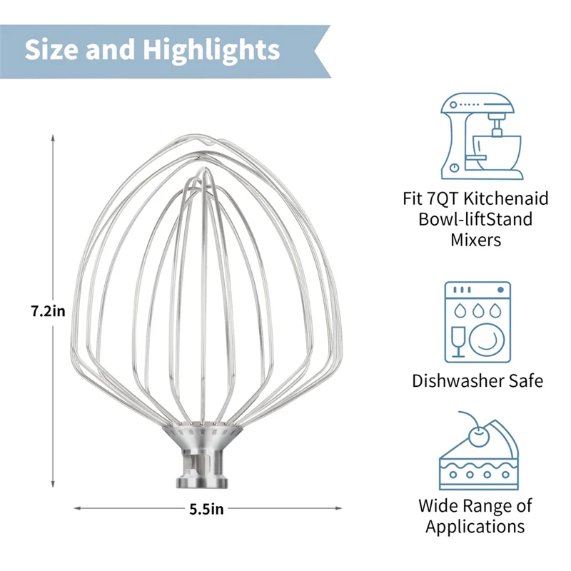 ABVI-Stainless Steel Whisk Attachment For Kitchenaid Stand Mixer 7 Quart Bowl, Stainless Steel Whisk Replacement