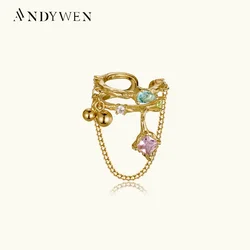 ANDYWEN New 925 Sterling Silver Colorful Zircon CZ Ear Cuff Rainbow Chain Earcuff Clips Piercing Luxury Fine Jewelry