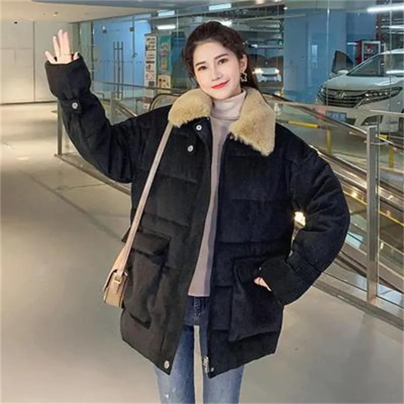 Thickened Cotton Coat Women\'s Coat 2022 Winter Women\'s Coat Corduroy Bread Coat Imitation Rabbit Fur Collar Short Cotton Jacket