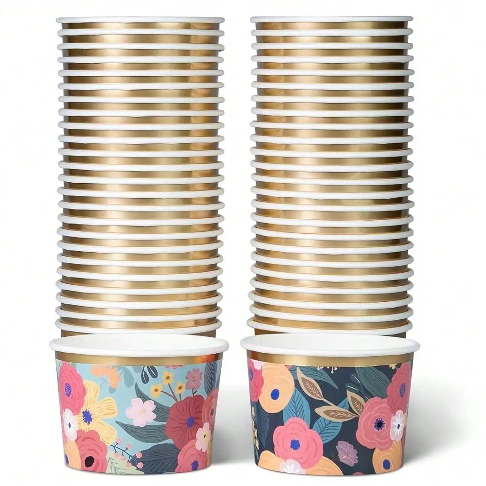 Paper Ice Cream Cups And Soup Bowls, 50Count 9Oz, Sunlit Meadow Midnight Petals Floral Designs, Hot Cold Paper Snack Cups, Ice
