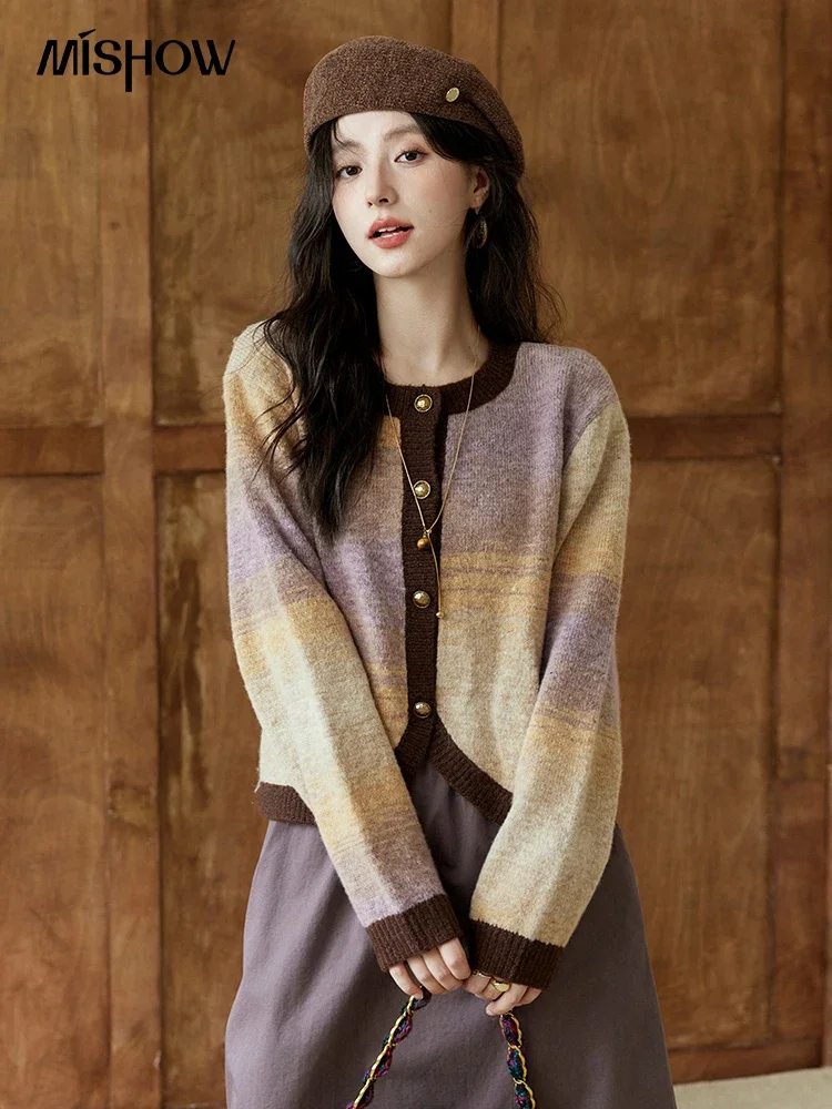 MISHOW Gradient Color Swoosh Knitted Cardigan Women 2024 Autumn New Sweet Fashion Short Single Breast Sweater Jacket MXD44Z0758