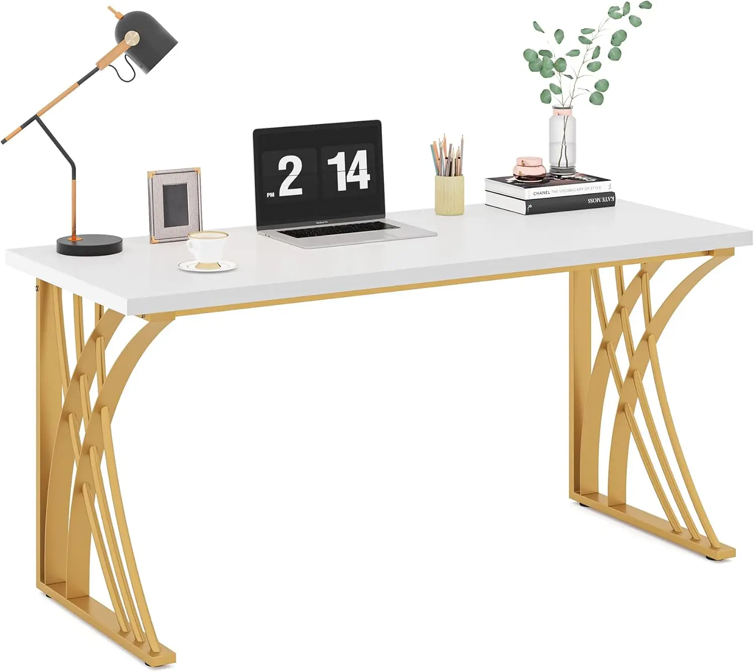 Luxurious White & Gold 55’’ Modern Computer Desk with Sturdy Legs - Stylish Home & Office Writing Workstation