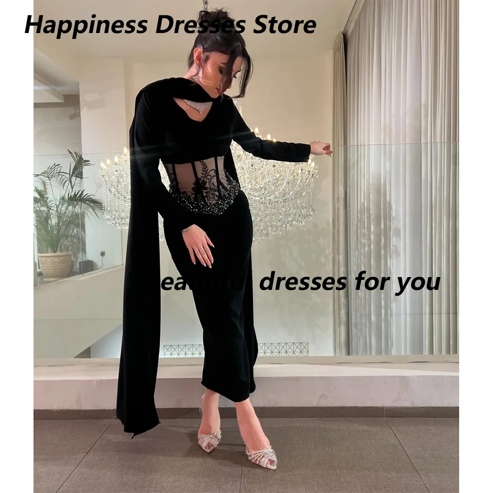 Czarne Sukienki Wieczorowe Damskie Długi Rękaw Kryształowe Koraliki Syrena Długość Do Herbaty Suknia Balowa Midi Sukienki Formalne na Przyjęcia Szyte na Miarę