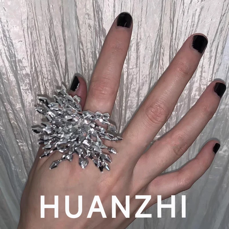 HUANZHI Gold/Silver Color Firework Flower Ring Fashion Exaggerated Jewelry For Women Girls Y2K Personalised Jewelry New
