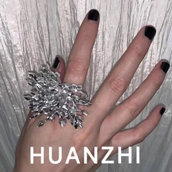 HUANZHI Gold/Silver Color Firework Flower Ring Fashion Exaggerated Jewelry For Women Girls Y2K Personalised Jewelry New