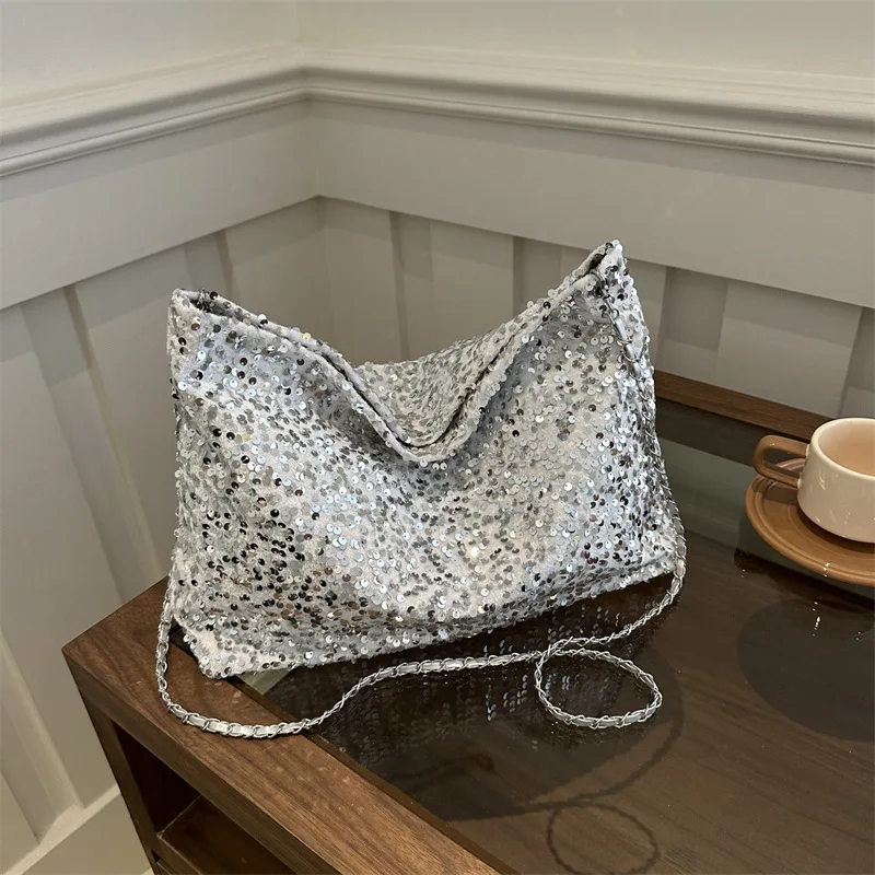 Glitter Tote Bags for Women Leather Sequin Handbag Ladies Personality Large Capacity Underarm Shoulder Bags Chain Designer Bag