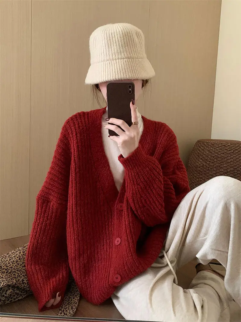 Retro Red Thick Knitted Cardigan Jacket for Women New Korean Version Layered on Top Solid Color Casual Sweater Shawl