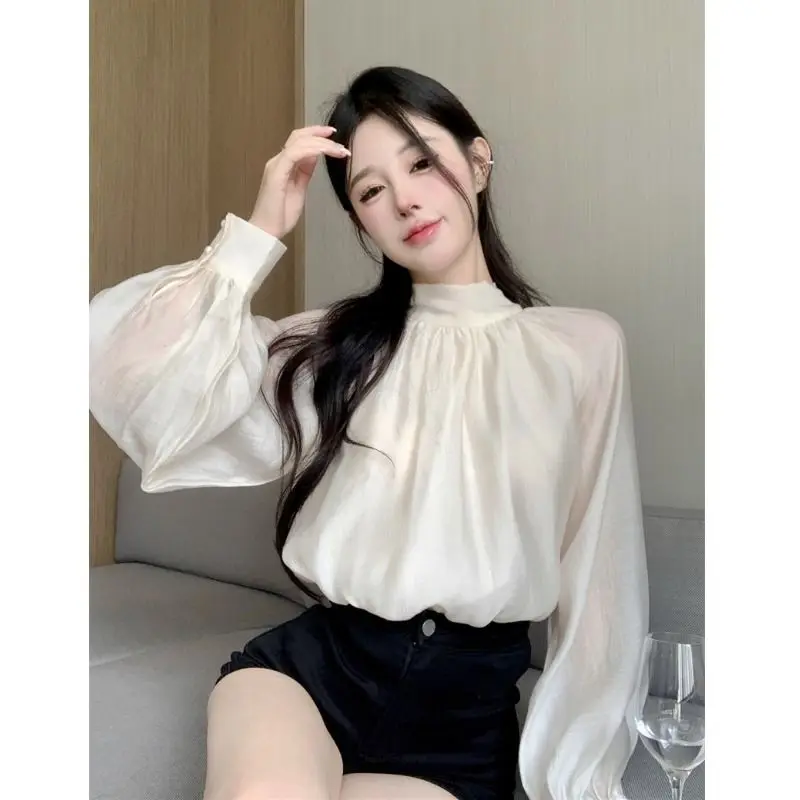 2024 Spring Autumn New Elegant Temperament Bow Lacing Blouse Female Fashion Solid Color Pleated Lantern Sleeve Pullover Shirts