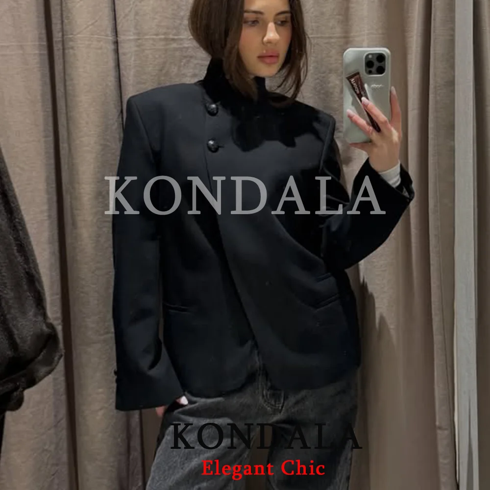 KONDALA Women Trendy Black Hacking Commute Blazer Turtleneck Blazer 2026 Spring Fall Office Lady Simple Party Holiday Blazer