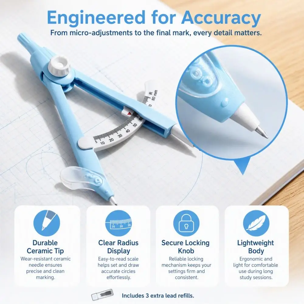 Digital Lock-Distance Drawing Compass Precise Safe Geometry Compass Replaceable Lead No Metal Circle Drawing Gauge Student Exams