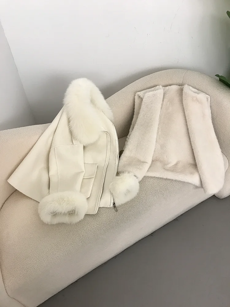 2025 Women Natural Fox Collar Cuffs Wool Cashmere Blends Pockets Outerwear Real Fur Coat With Thick Liner Winter Jacket