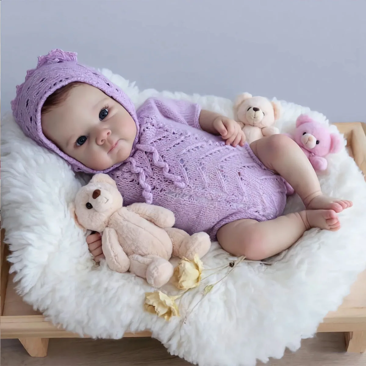 

20 Inch Reborn Baby Doll Girl - Lifelike Realistic Newborn Doll with Open Eyes & Rooted Hair, Purple Knitted Outfit & Bonnet, Doll for Kids & Collectors