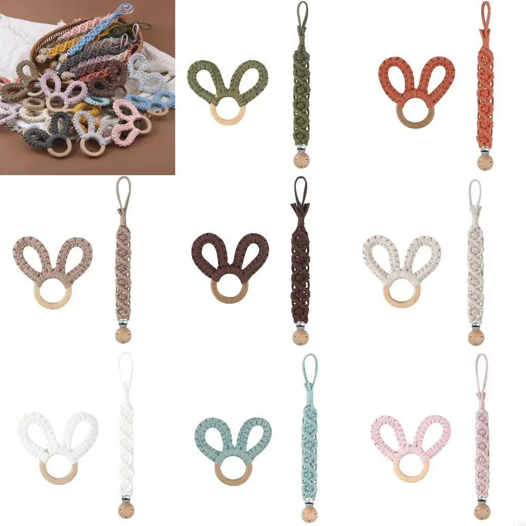

Pacifier Chain Knitted Rabbit Ears Teething Rattle Toy Dummy Holder Beech Wooden Handbell Teether Newborn Teething Gift L8RB