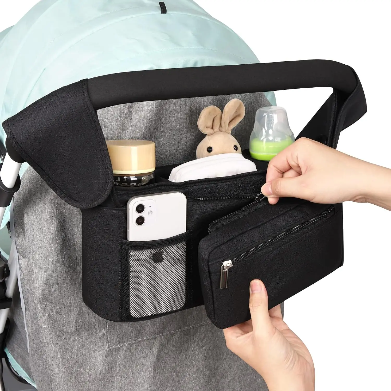 Universal Baby Stroller Organizer, with Insulated Cup Holder Detachable Phone Bag & Shoulder Strap, Fits Pet and Baby Stroller