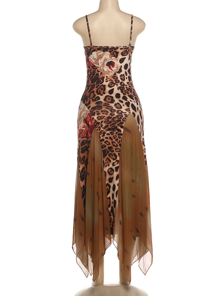 Sisterlinda Buntes Kleid mit Leopardenmuster für Damen, modisch, Patchwork, unregelmäßiger Saum, tiefer Ausschnitt, Trend, Urlaub, Party, Clubwear – Detail 5