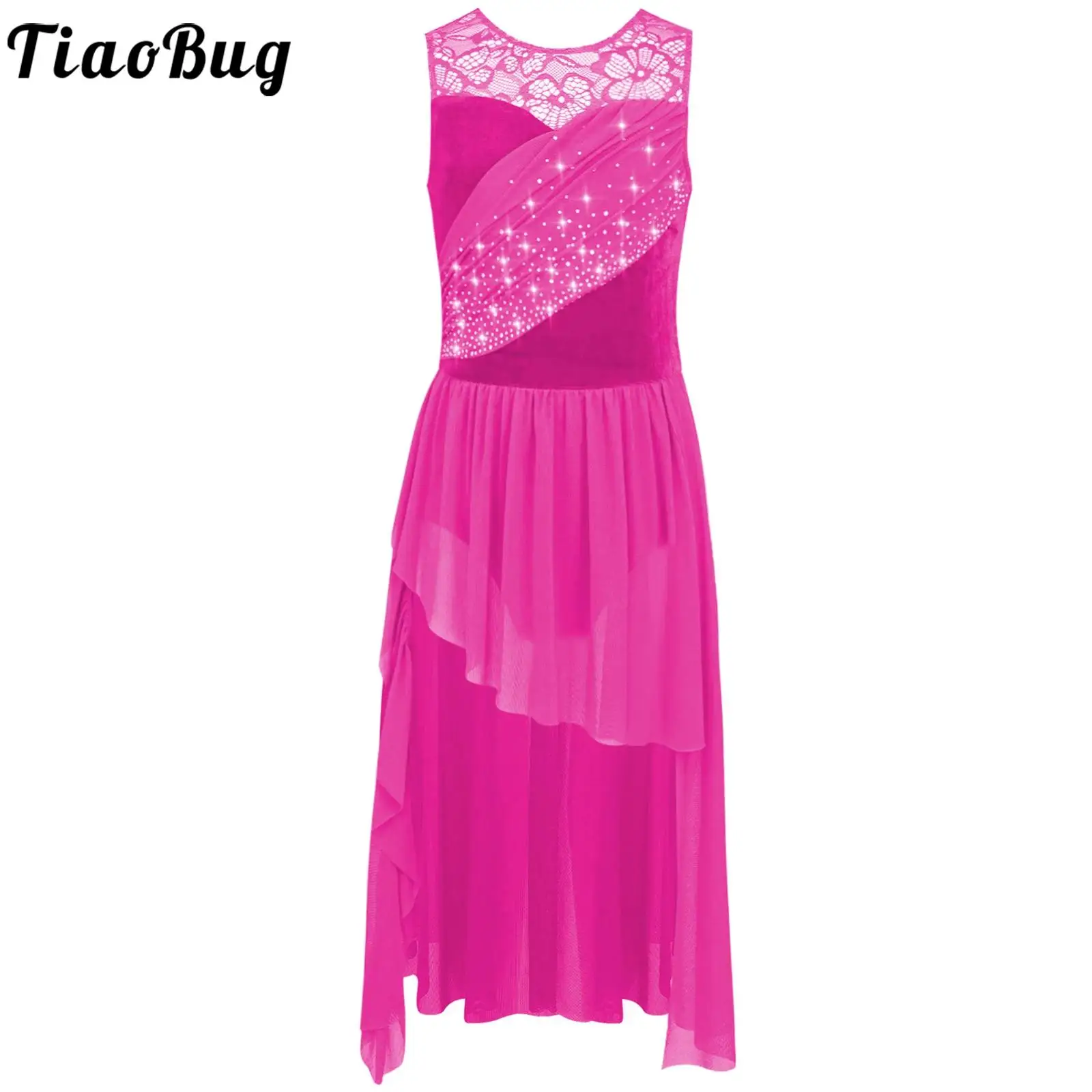 

Girls Lyrical Lace Patchwork Asymmetrical Hem Dress for Stage Ballet Modern Contemporary Dance Performance Costumes