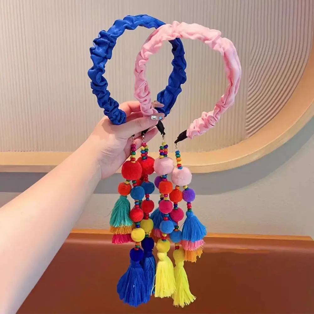 Retro Exotic Ethnic Style Headband Retro Cloth Tassels Hairdband Hair Ball Headwear Bohemian Headbands Festival Head Jewelry