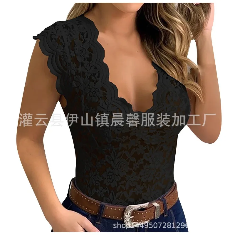 Women Lace-trimmed Low-cut V-neck Sheer Top Sexy Slim-fit Tank Top Woman Women Lightweight Casual Loungewear Lady Lace Camisole