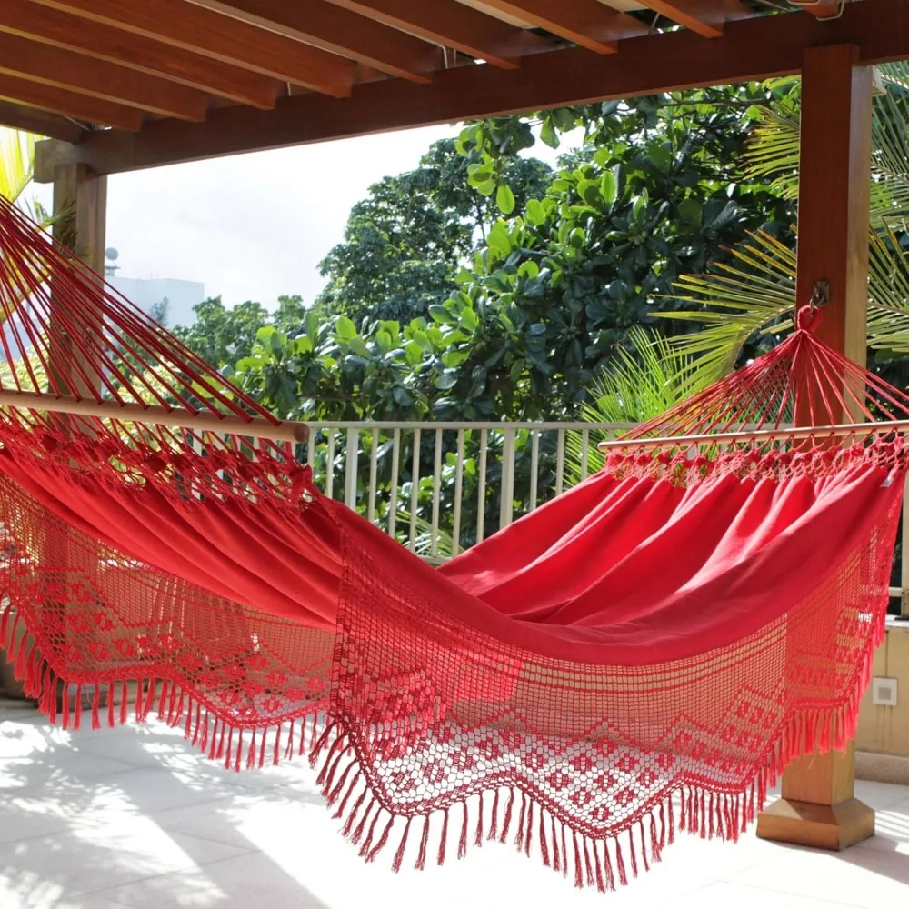 Artisan Handwoven Cotton Hammock with Spreader Bars Red Single Brazil Fabric Solid Backyard Barbeque