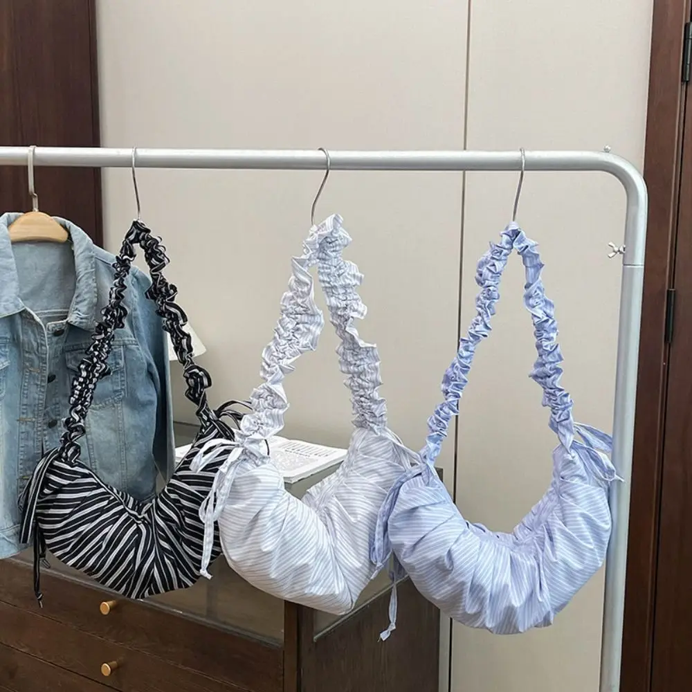 

Korean Style Drawstring Shoulder Bag Dumpling Bag Lightweight Stripe Pleated Bag Ballet Style Large Capacity