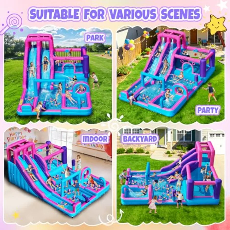 Inflatable bounce house for outdoor and indoor use PVC material blue and yellow includes double water slide climbing wall splas view 6