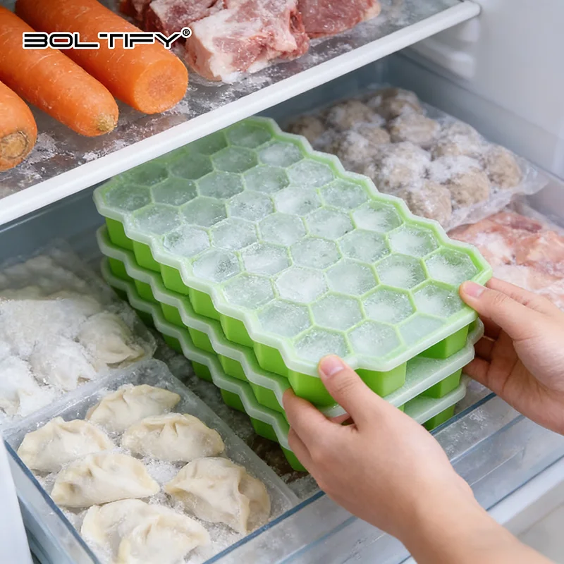 

BOLTIFY Silicone Honeycomb Ice Tray with Cover Creative Stackable 37-cell Ice Box Easy to Demould Tray Ice Cube Mold