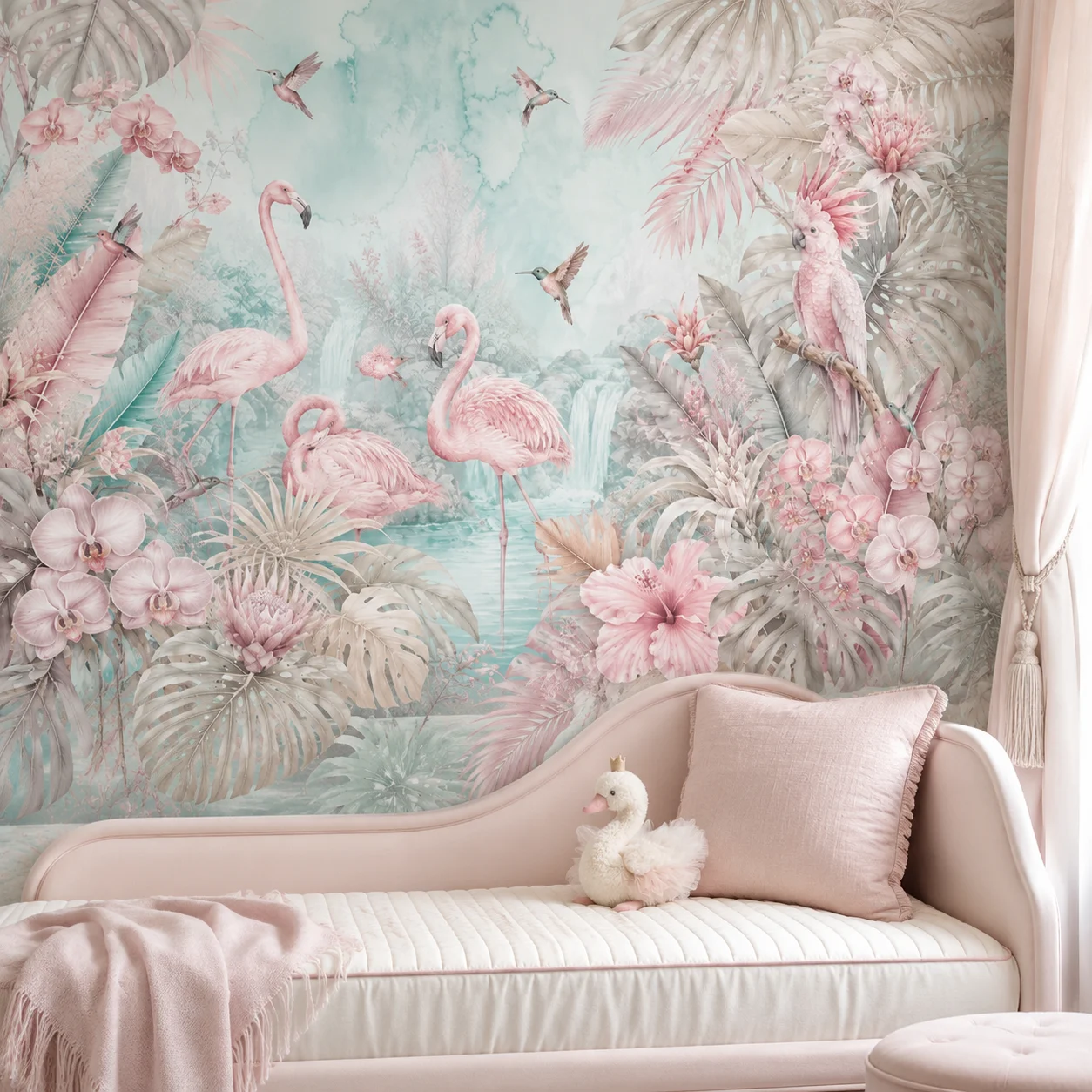 pastel-flamingo-parrot-hummingbird-wall-mural-wallpaper-pink-tropical-floral-jungle-girls-bedroom-non-self-adhesive