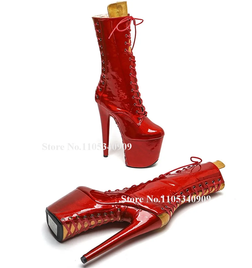 

Bondarenko Shining Red Metallic Patent Leather Stiletto Heel Short Boots Round Toe Lace-up Patchwork Platform Dance Shoes