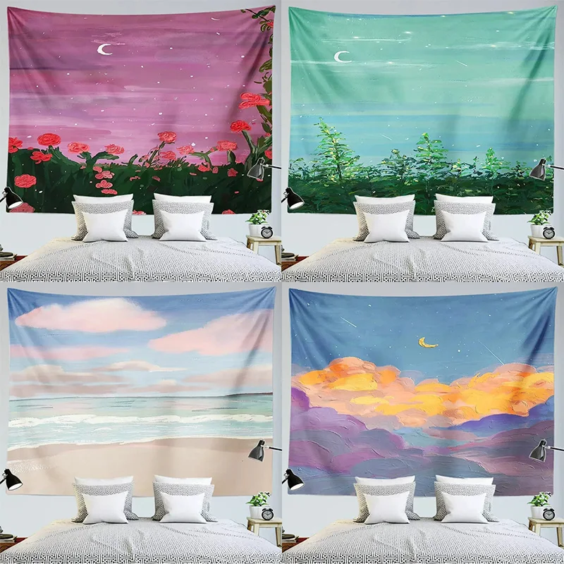 

Aesthetic Tapestry Decorative Oil Painting Landscape Moon Cloud Wall Hanging Kawaii Room Hippie Scenery Girl Bedroom