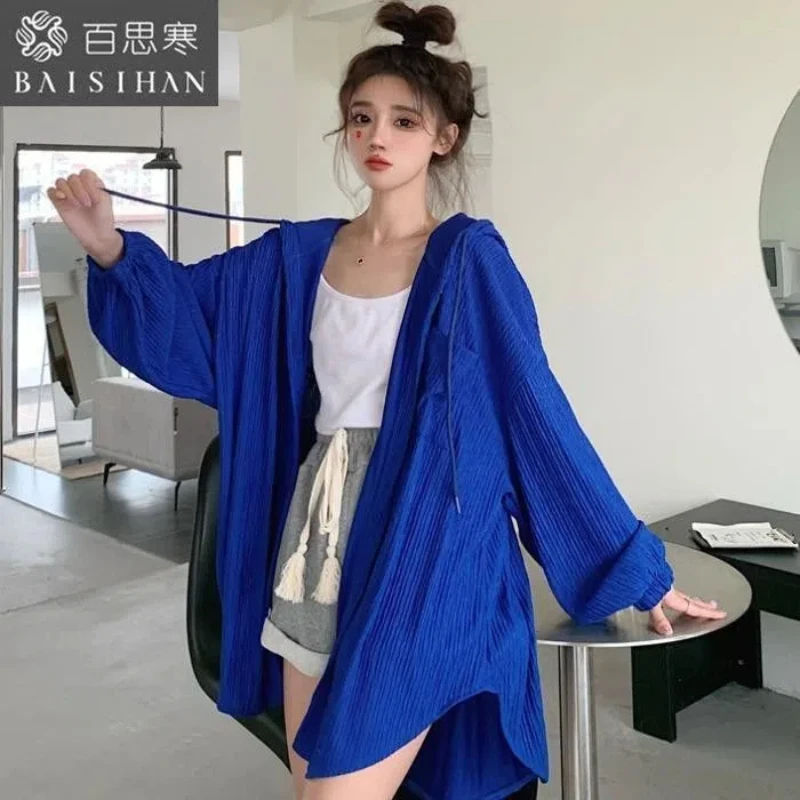 2024 Oversized Women\'s Hooded Spliced Fashion Loose Shirt New Spring/Autumn Solid Color Vintage Long Sleeve Shirt Sunscreen Coat