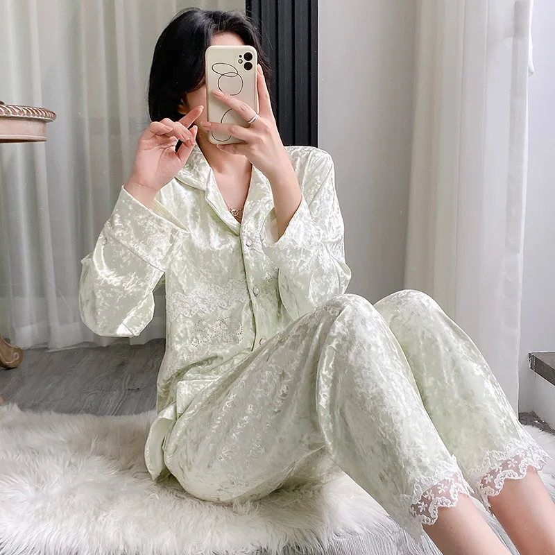 

Lapel Velour Lace Pajamas Set Women Long Sleeve Pyjamas Twinset Female Nightwear PJS Set Autumn Winter Sleepwear Home Clothes