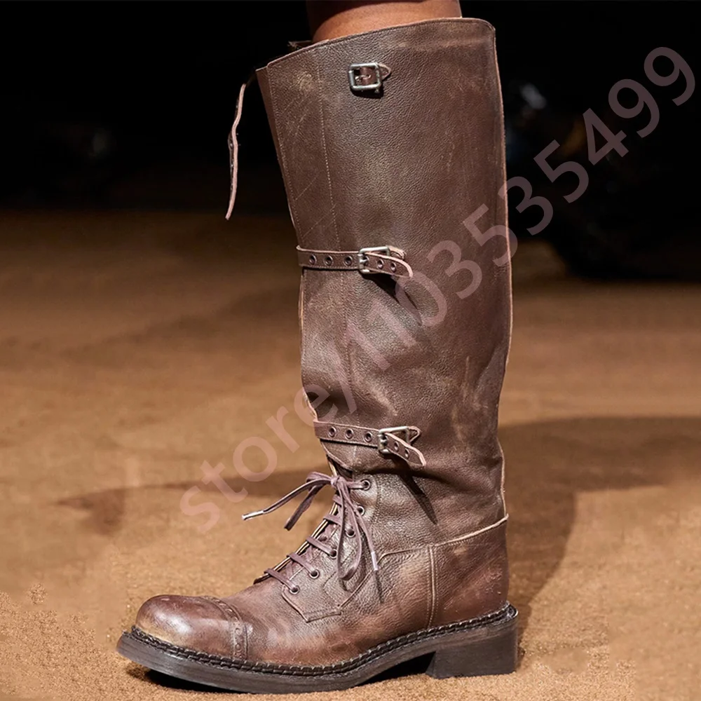

2025 Retro Belt Buckle Women's Knight Boots Black/brown Party Casual Boots Autumn Round Street Cross Straps Leather Long Boot