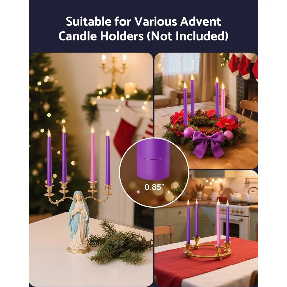 Conjunto de 5 velas operadas por bateria de 10,5 '' com controle remoto, temporizador e dimmer, castiçais cônicos LED sem chama de plástico para advento