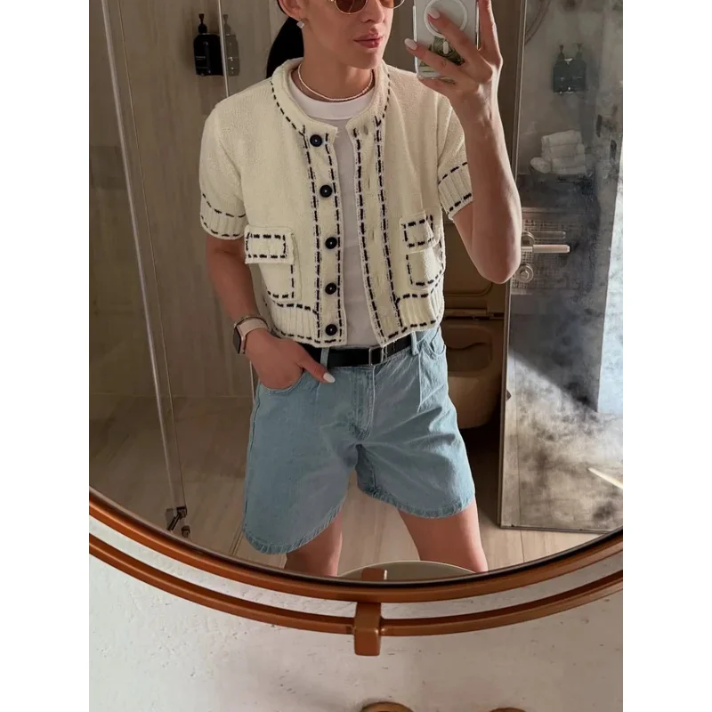 

Women's Summer Fashion Knitted Cardigan round Neck Half Sleeve Pocket Single Breasted Casual Sweater Top